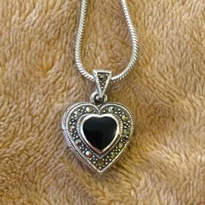JUDITH JACK Sterling Silver Black Onyx and Marcasite Heart Locket Necklace